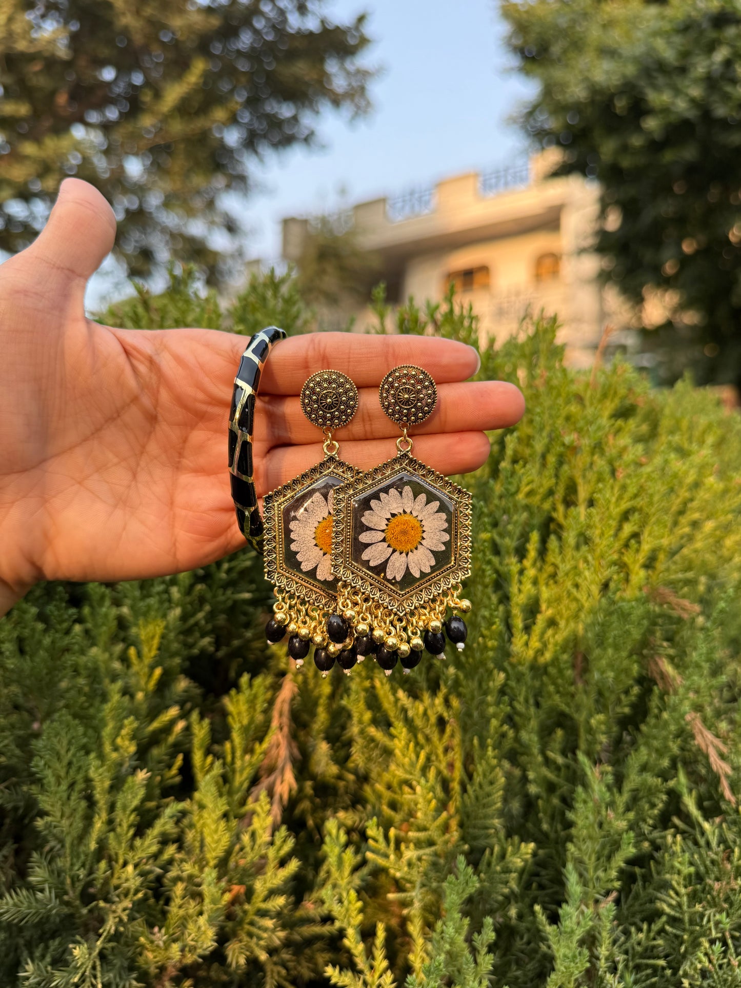 Black daisy jhumkas & bangle set
