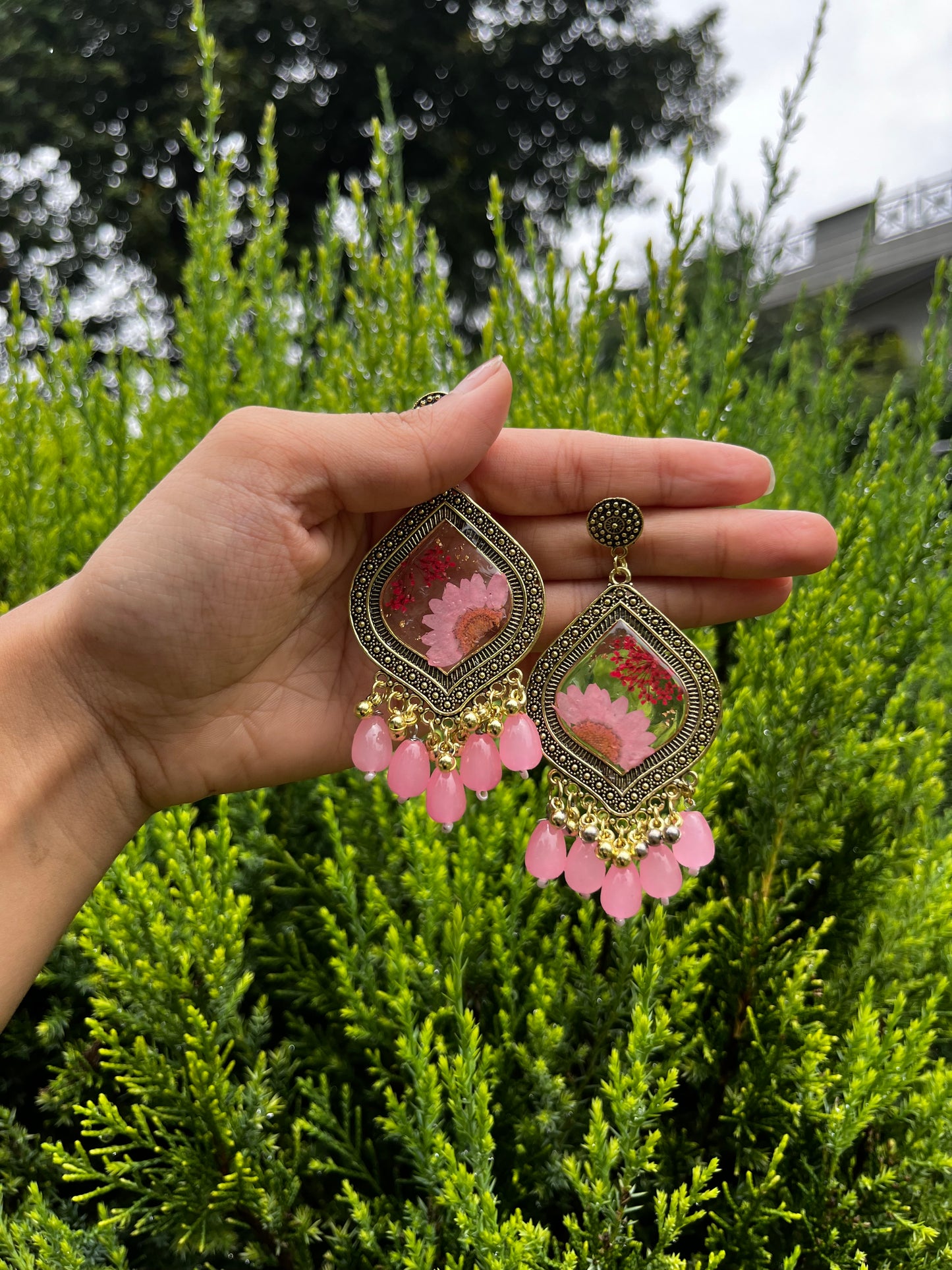 Pink daisy jhumkay ( without beads)