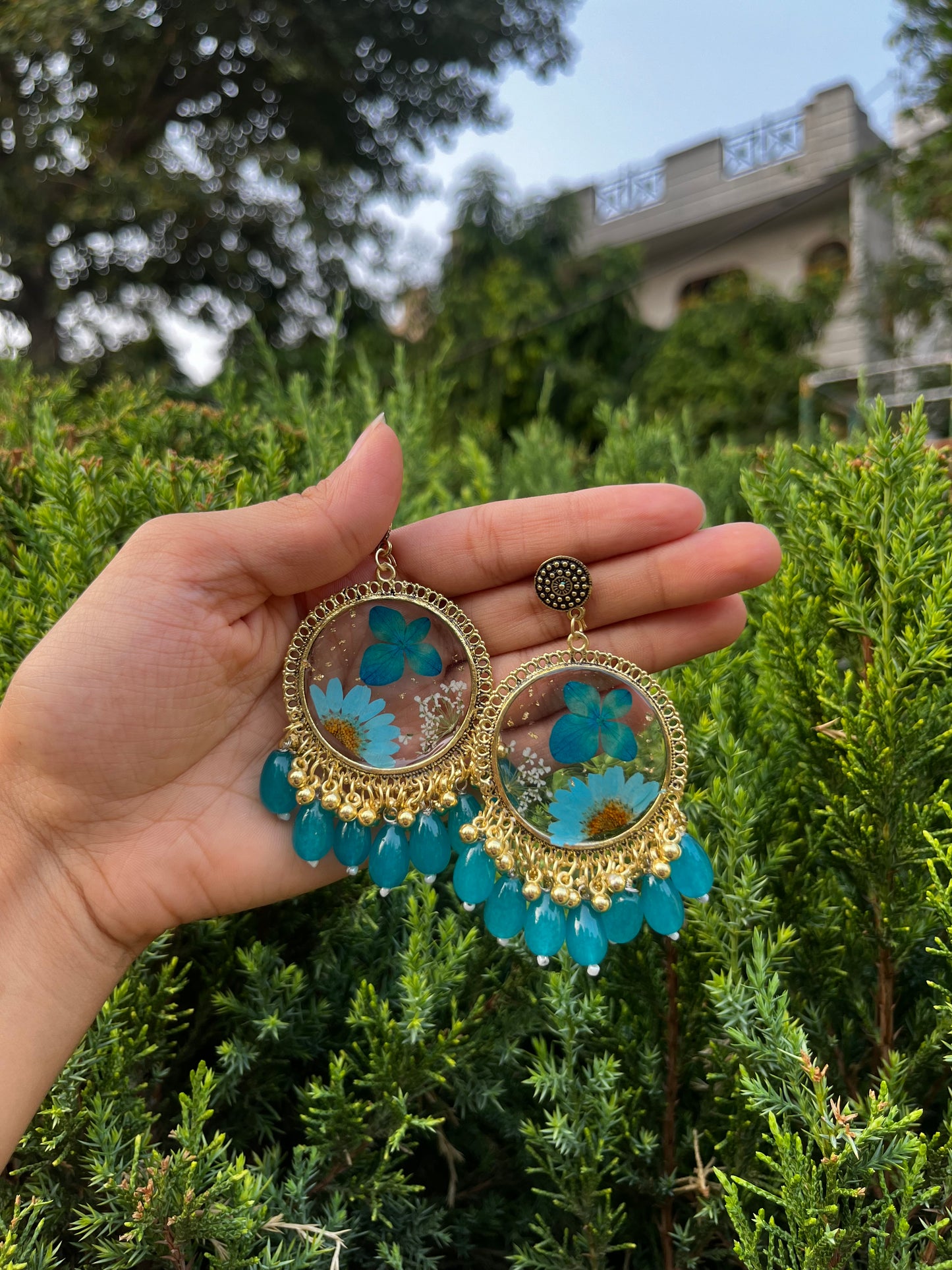 Teal flora jhumka