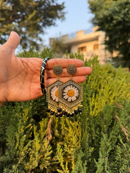 Black daisy jhumkas & bangle set
