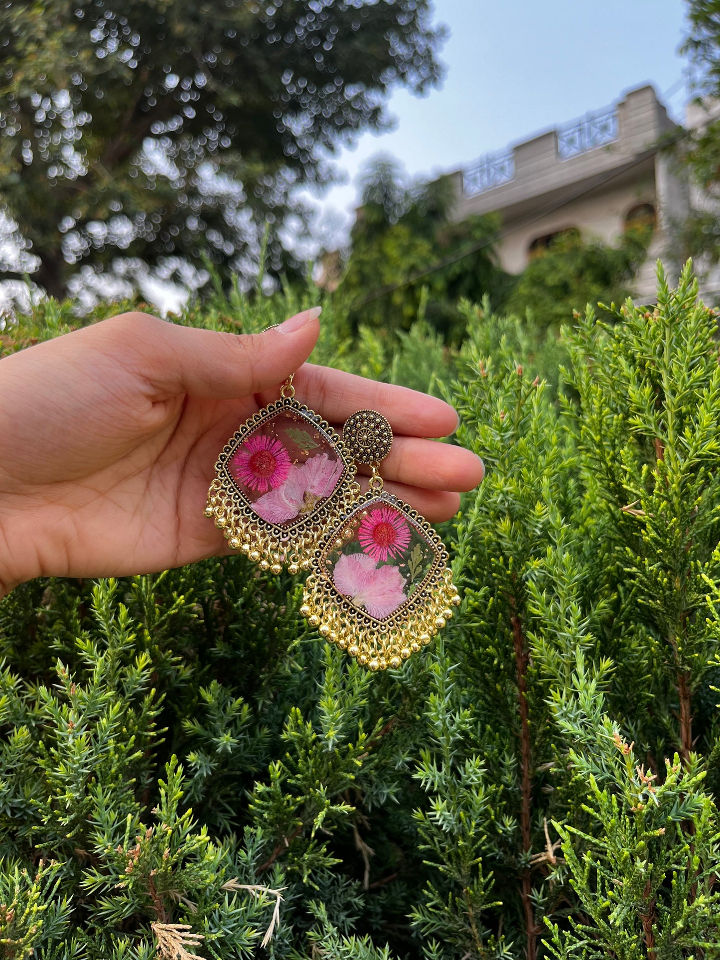 Pink garden jhumkas