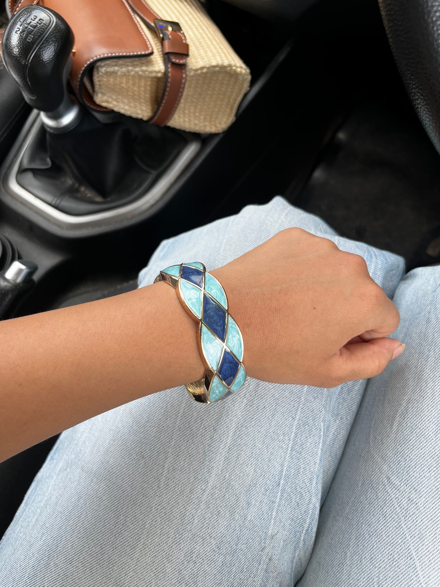 Blue cheque acrylic bangle