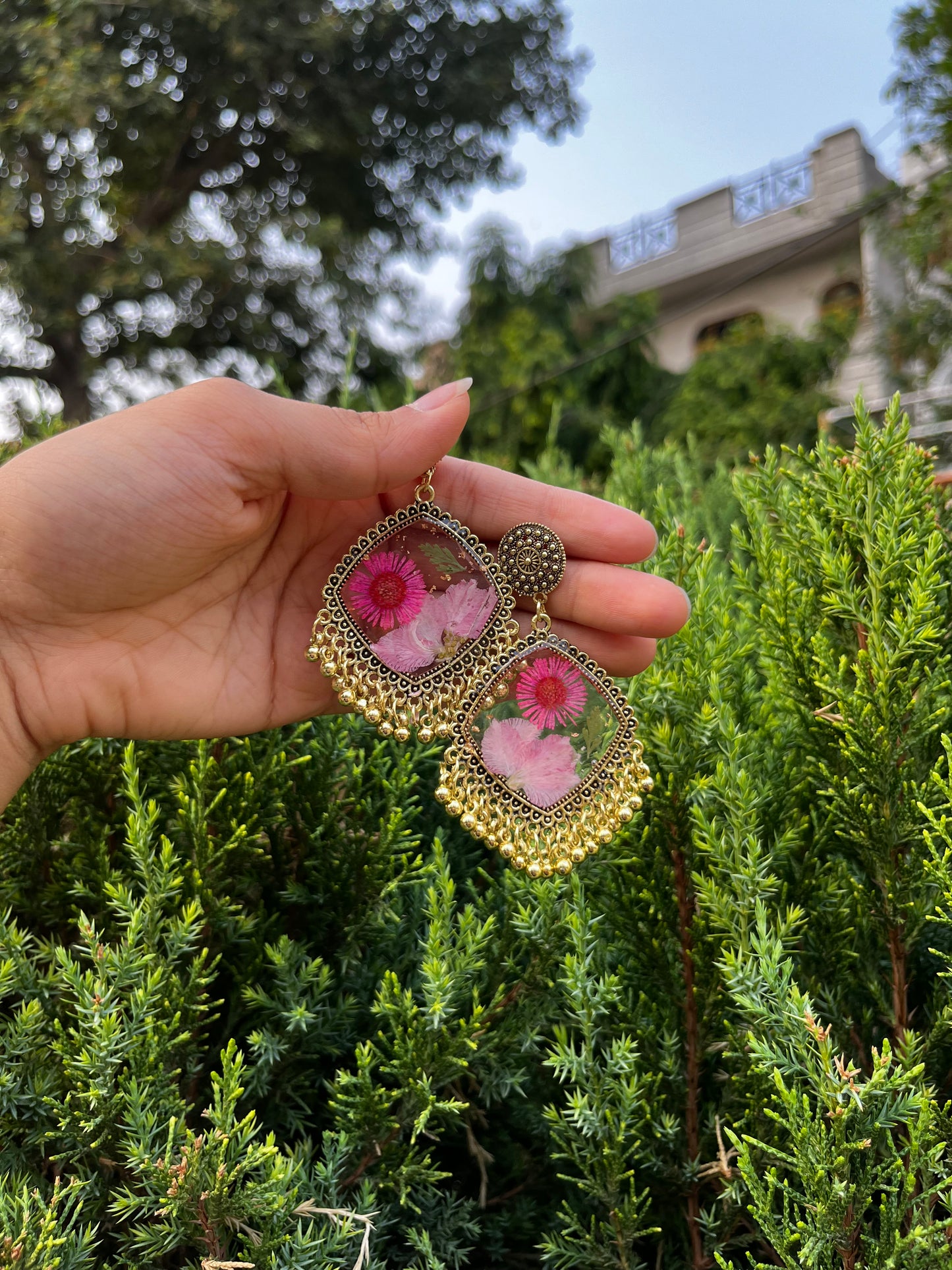 Pink garden jhumkas