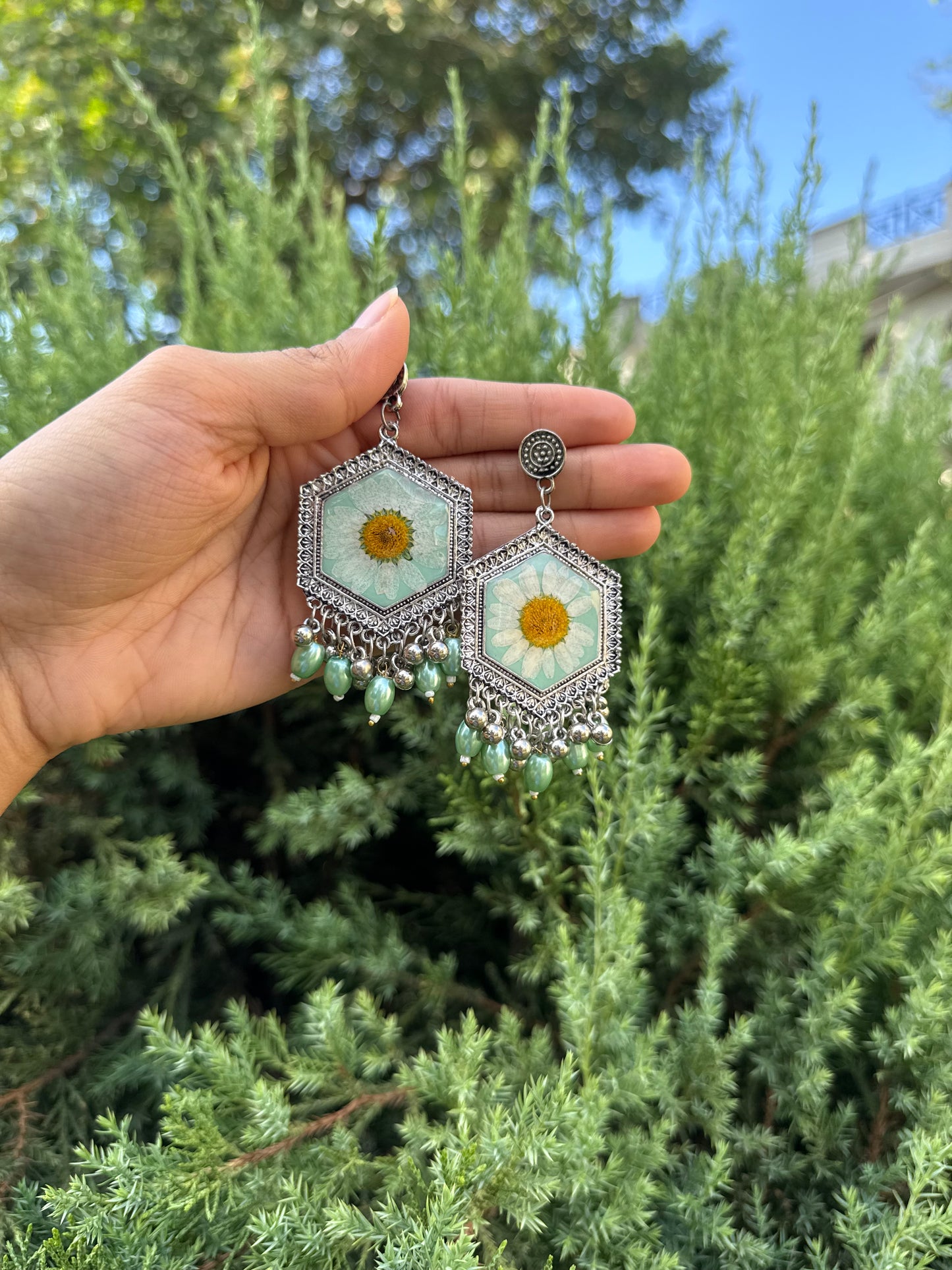 Green daisy jhumkas