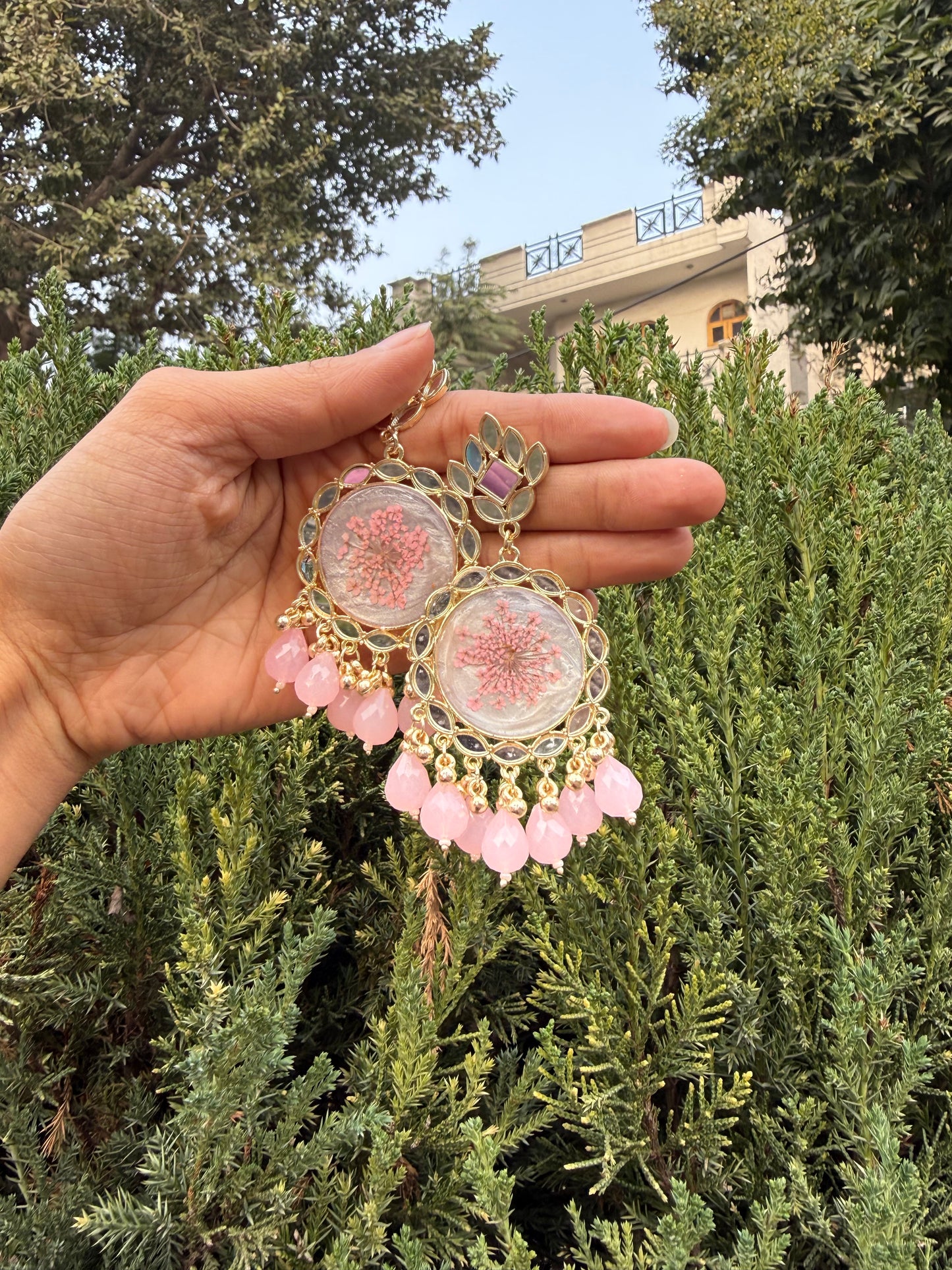 Ice pink mirror jhumkas