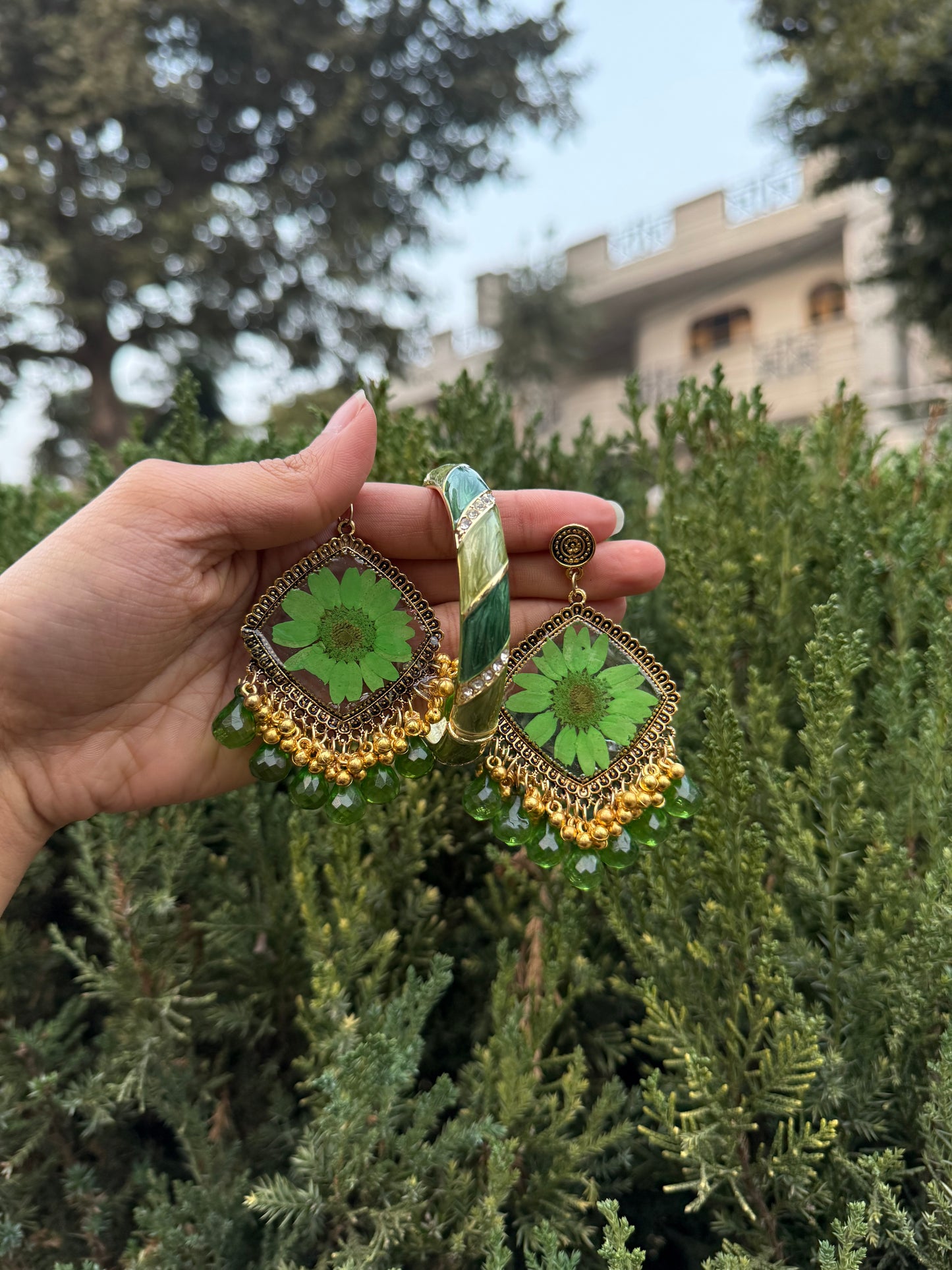Green jhumka & bangle pair
