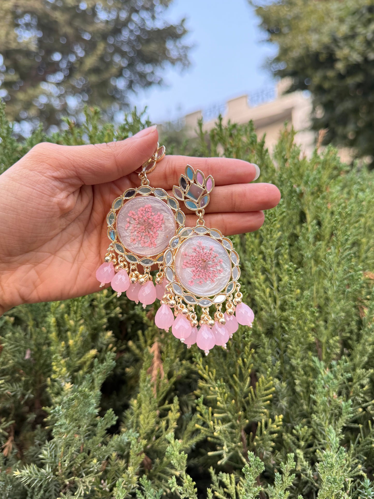 Ice pink mirror jhumkas