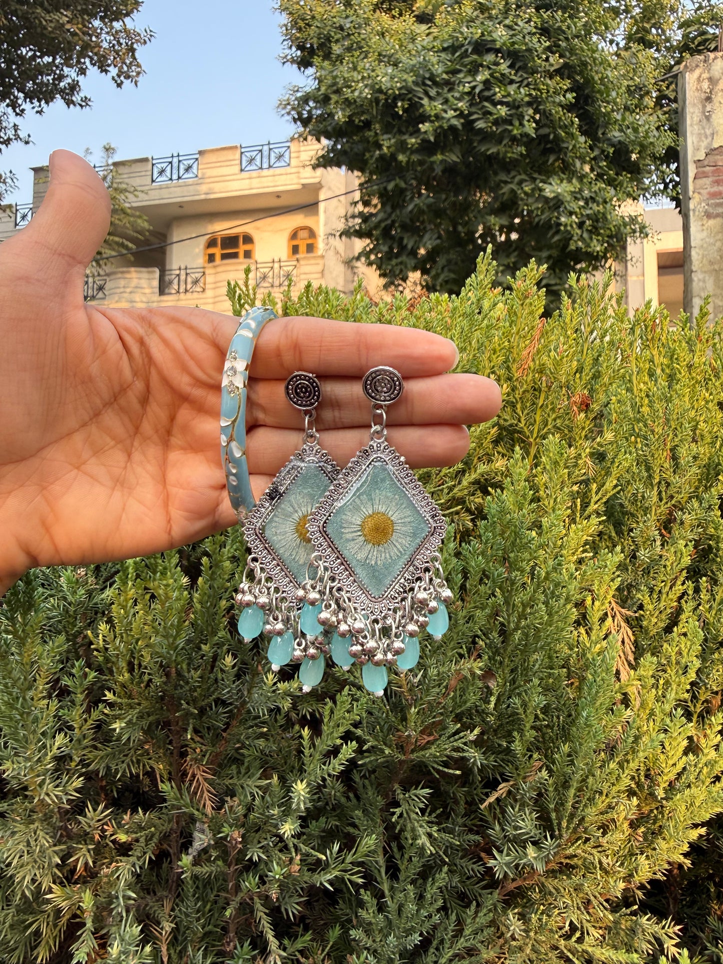 Sky blue jhumkas & bangle set