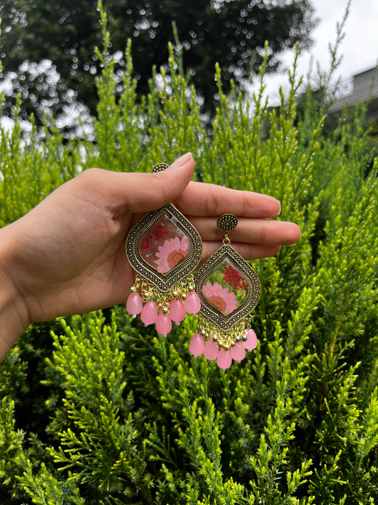 Pink daisy jhumkay ( without beads)