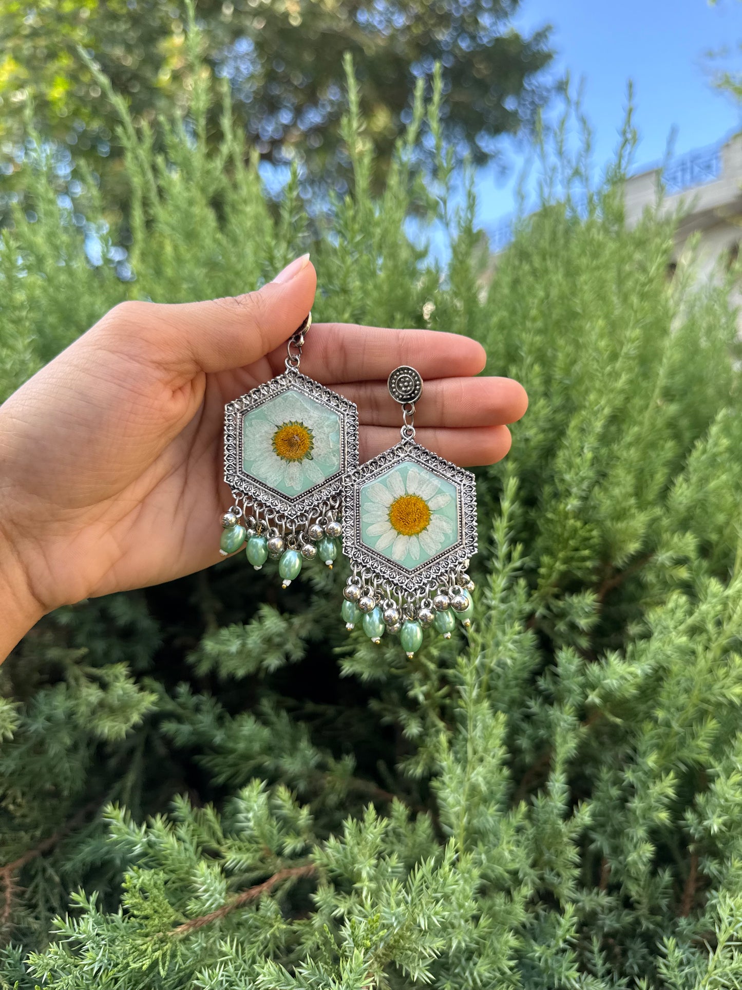 Green daisy jhumkas
