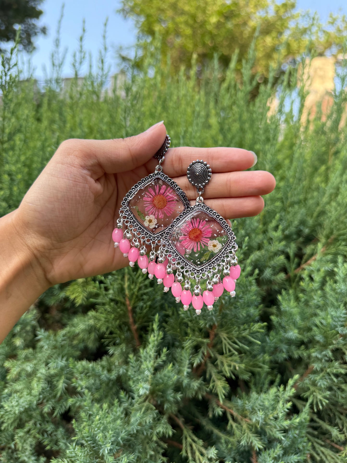 Floral pink garden jhumka