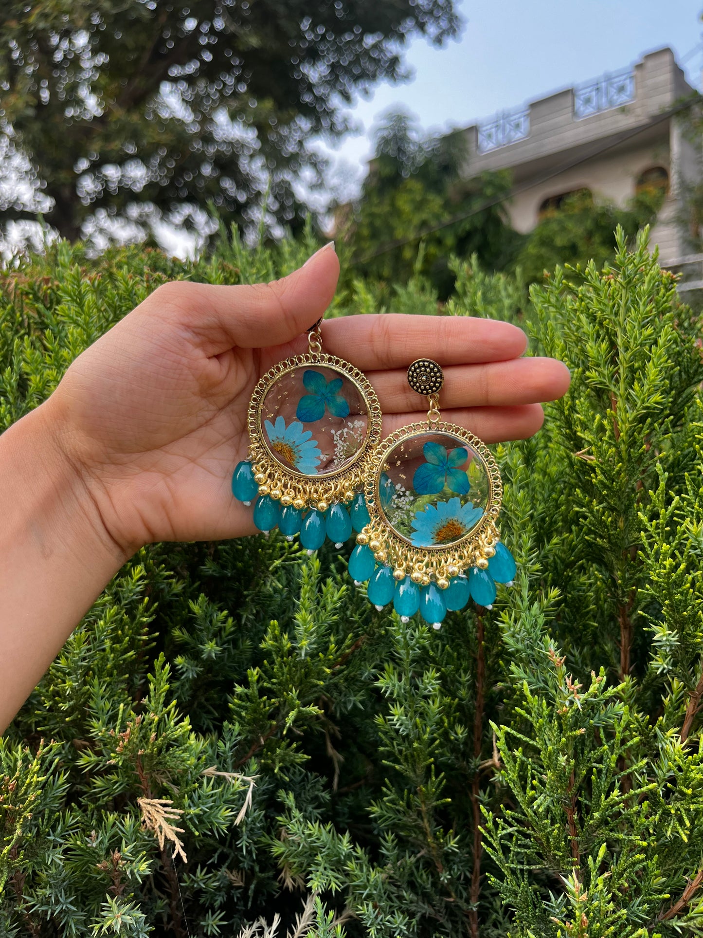 Teal flora jhumka