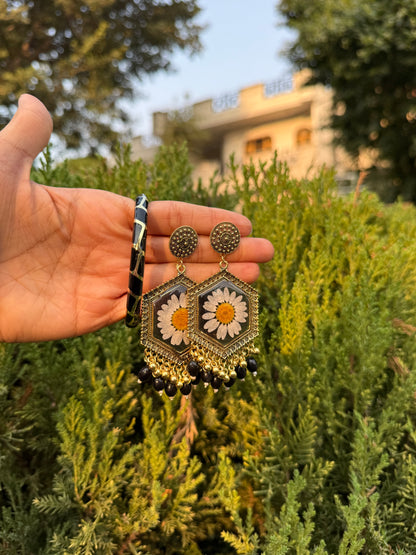 Black daisy jhumkas & bangle set