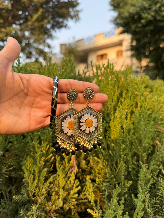 Black daisy jhumkas & bangle set