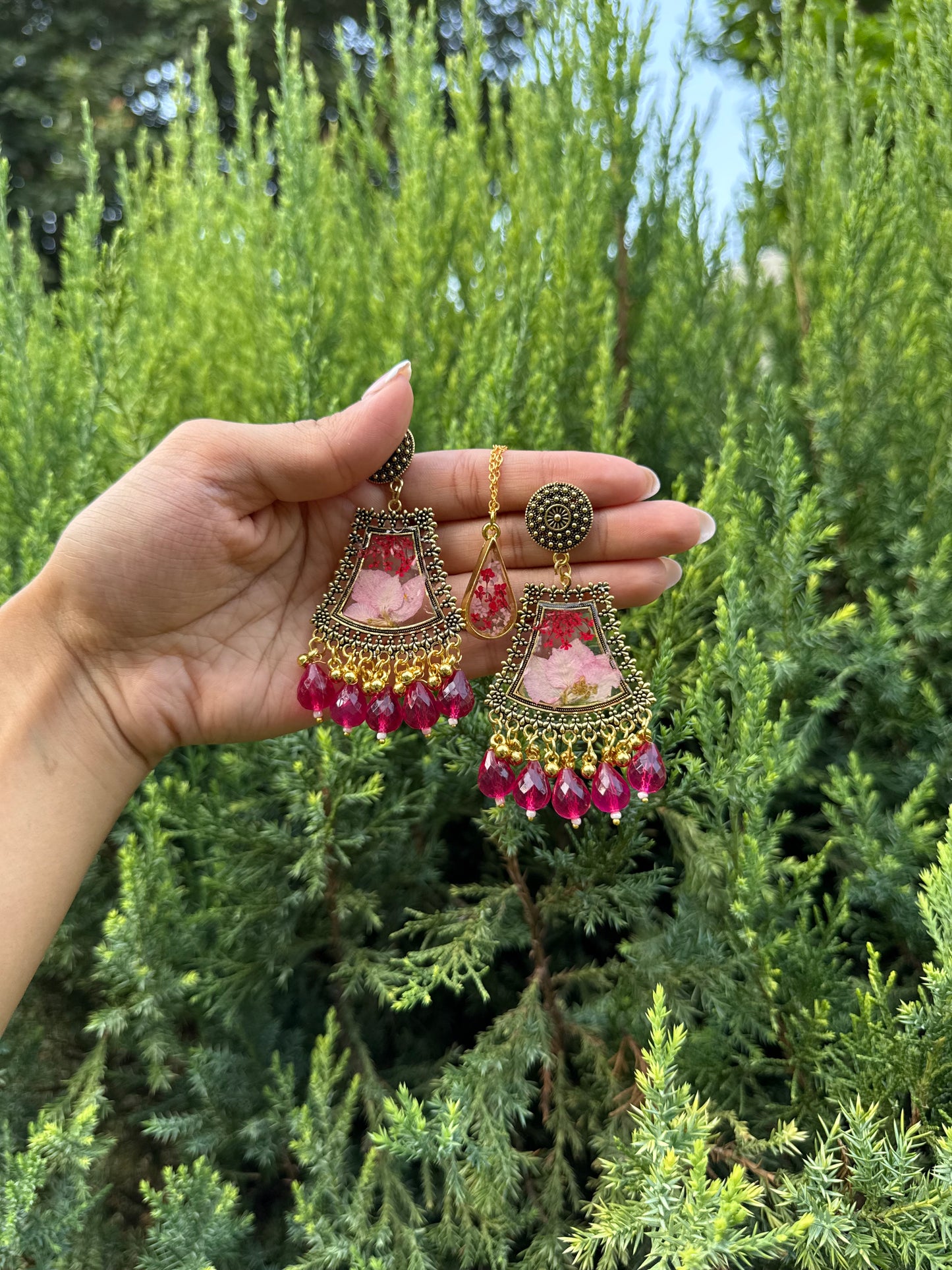 Rani pink jhumka & necklace set