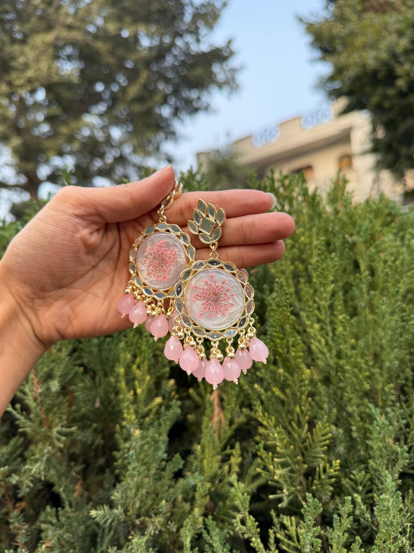 Ice pink mirror jhumkas