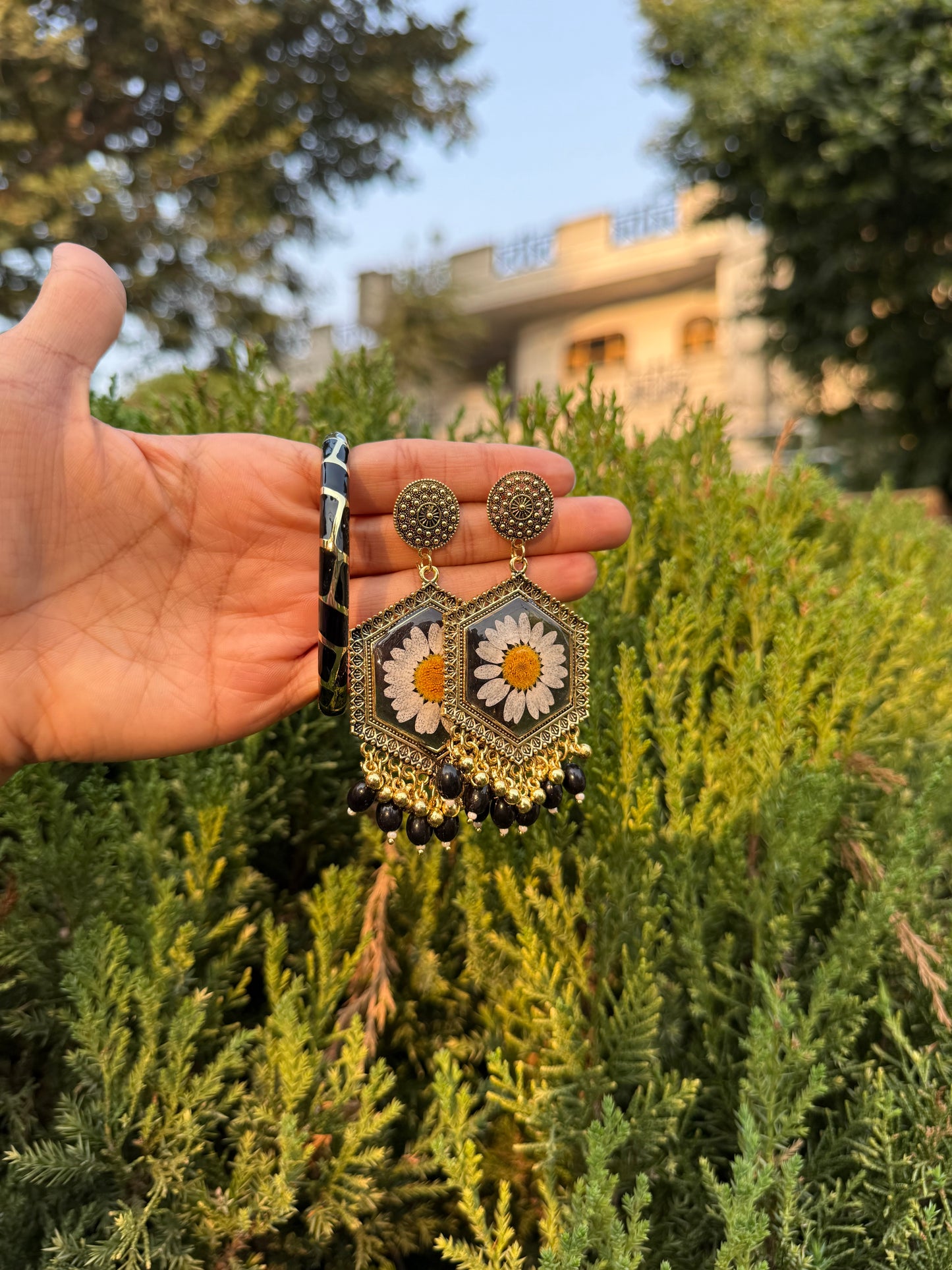 Black daisy jhumkas & bangle set