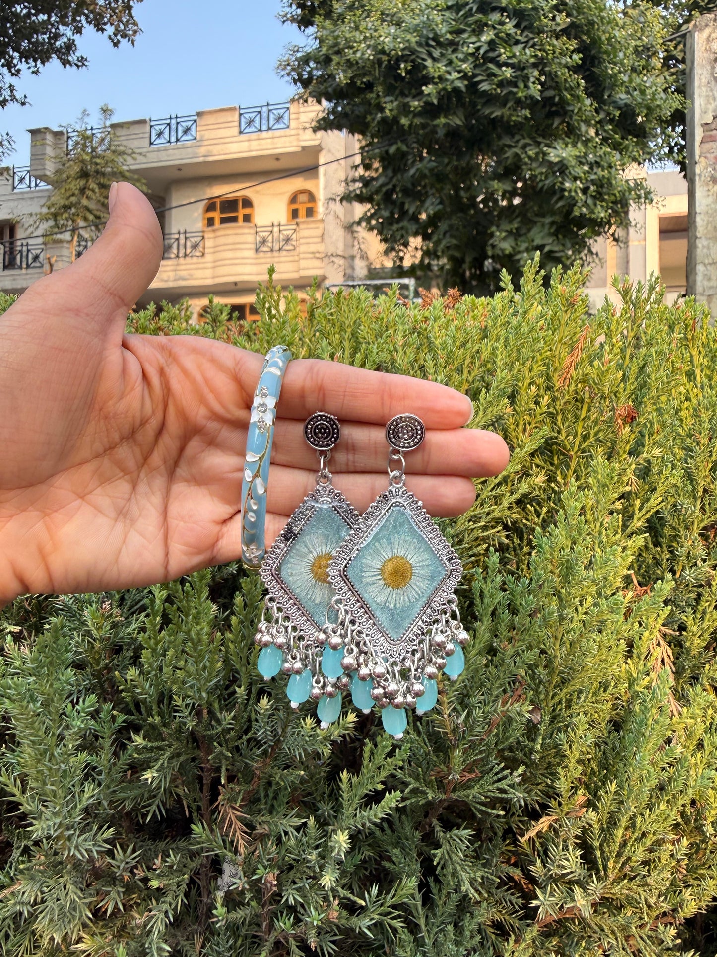 Sky blue jhumkas & bangle set