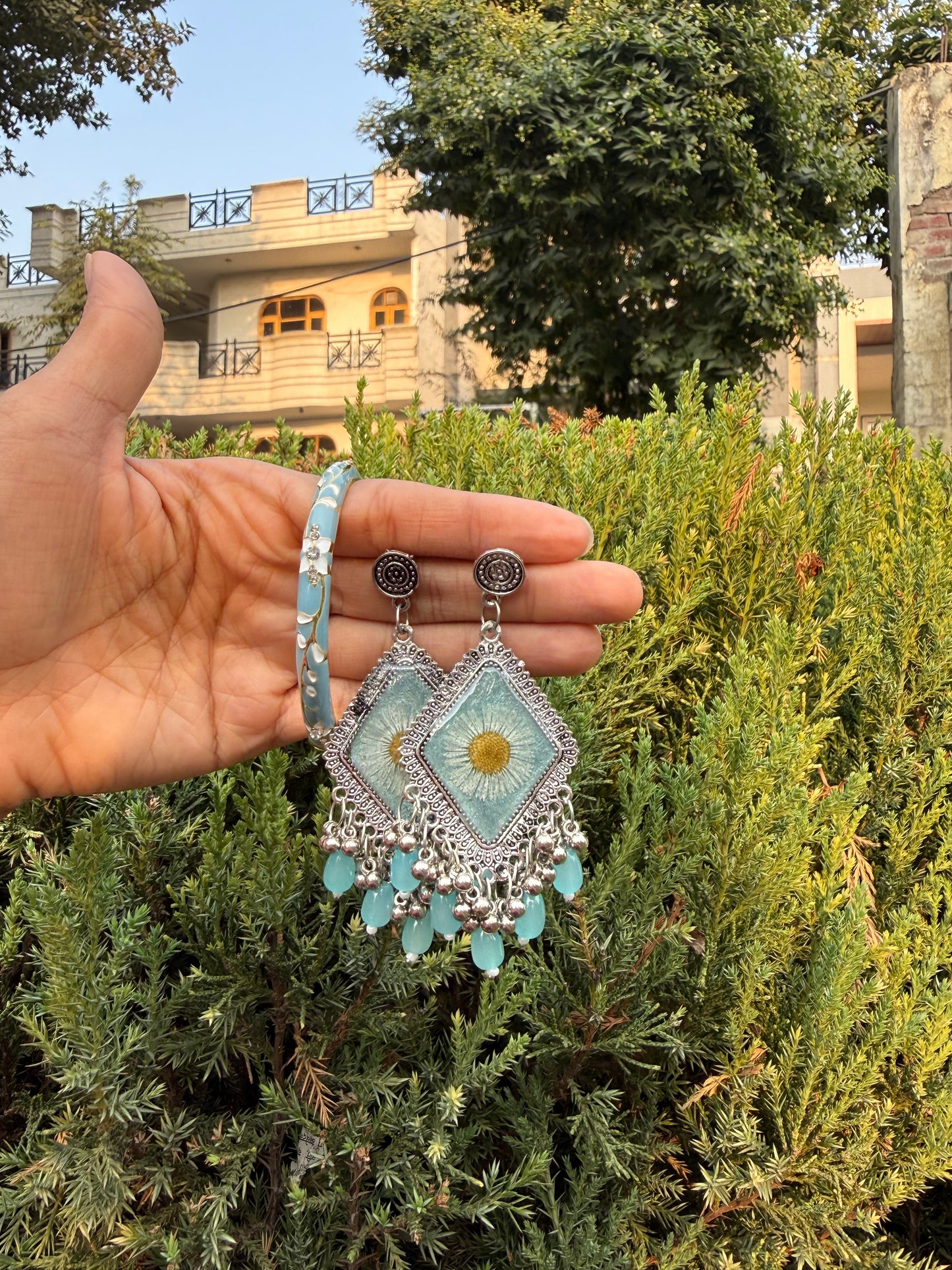 Sky blue jhumkas & bangle set