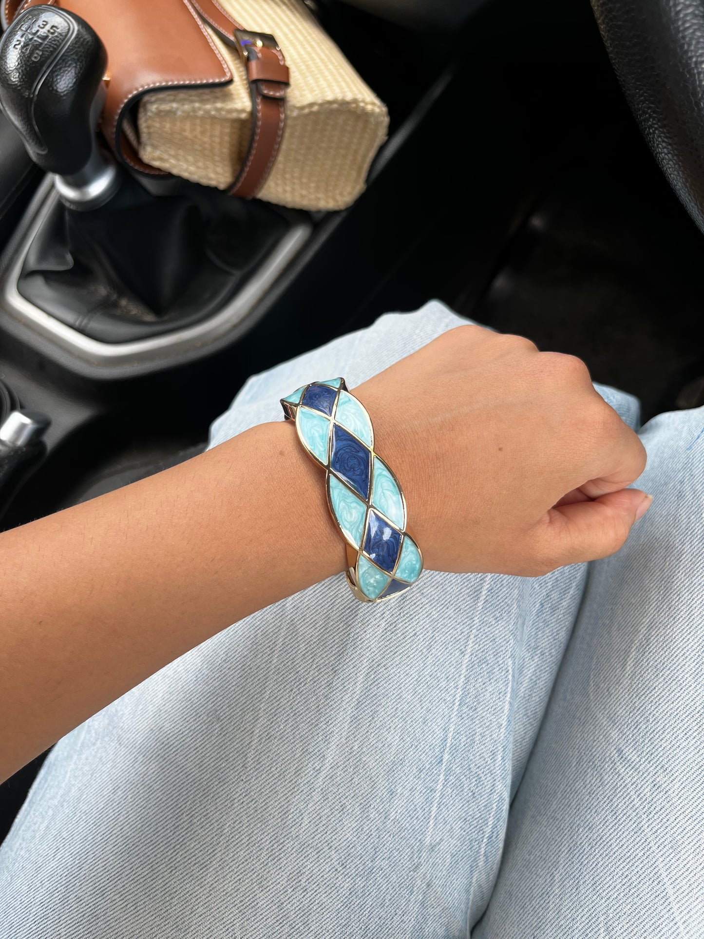 Blue cheque acrylic bangle