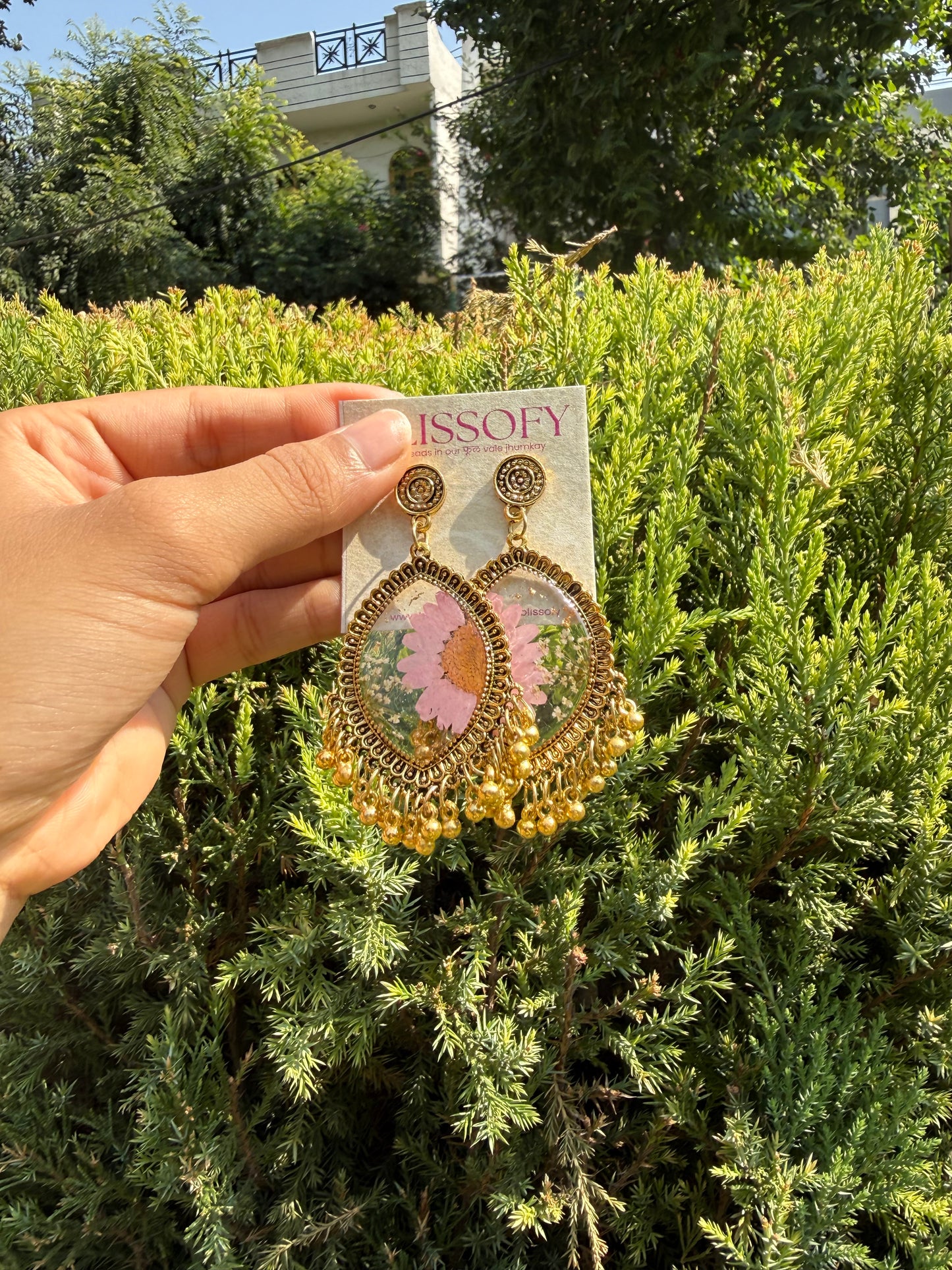Golden pink daisy jhumkas