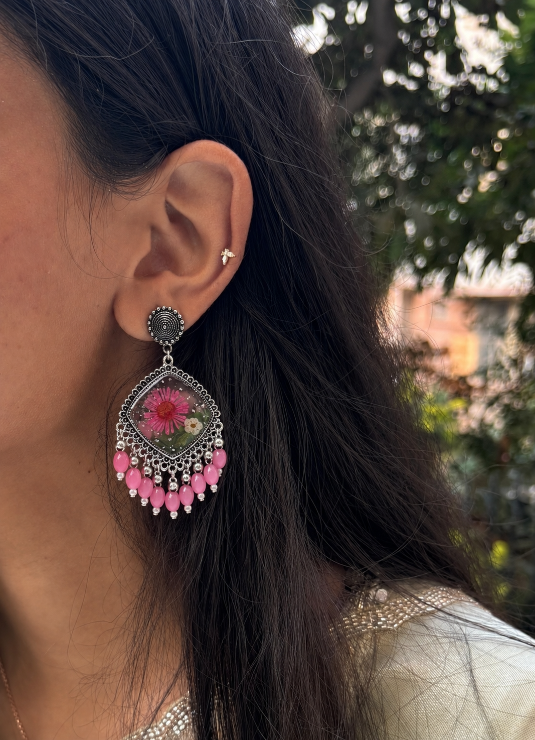 Floral pink garden jhumka