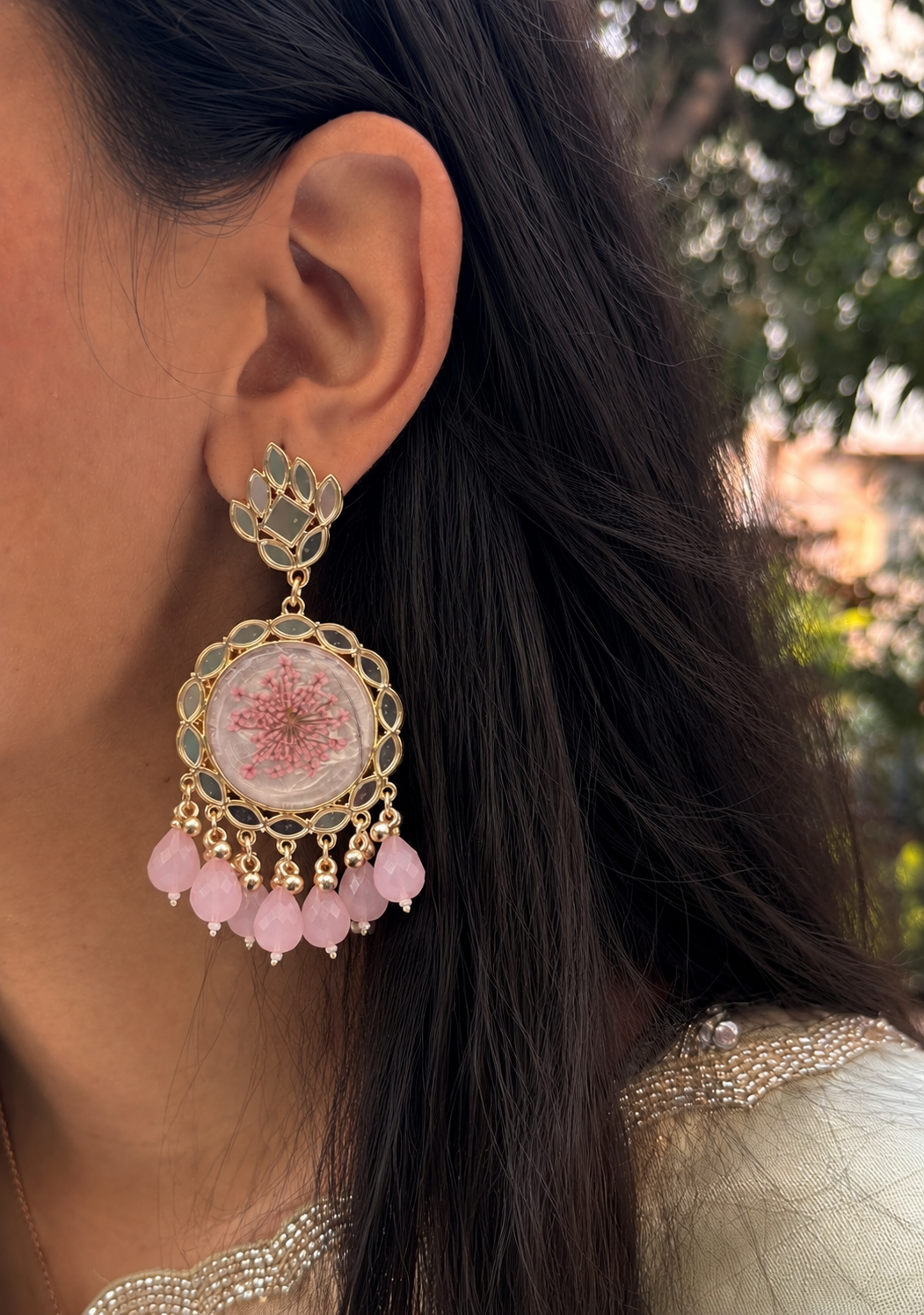 Ice pink mirror jhumkas